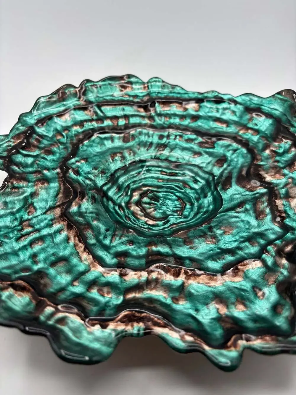 Gorgeous Glass Oyster Bowl Iridescent Teal and Copper Centerpiece 14 Inch